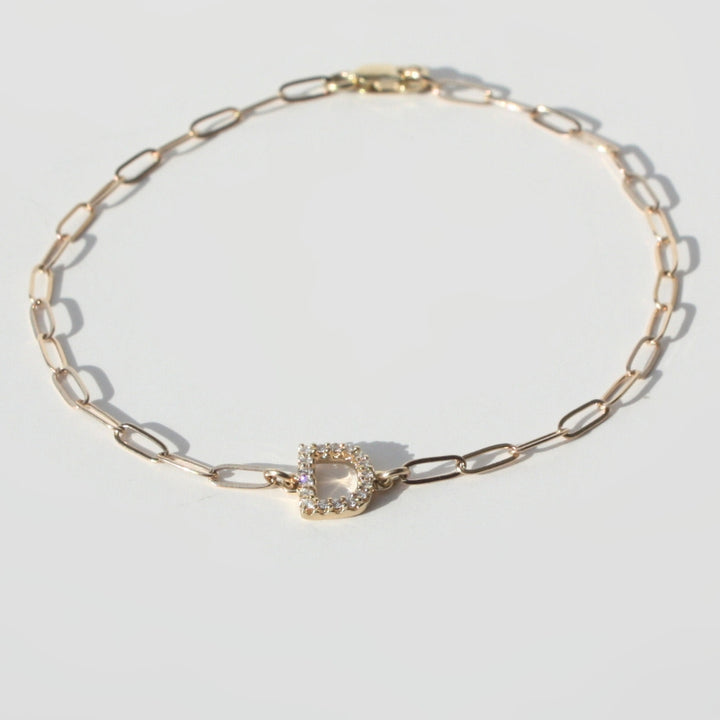 14K Gold Diamond Initial Paperclip Bracelet