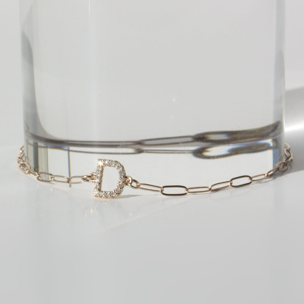 14K Gold Diamond Initial Paperclip Bracelet