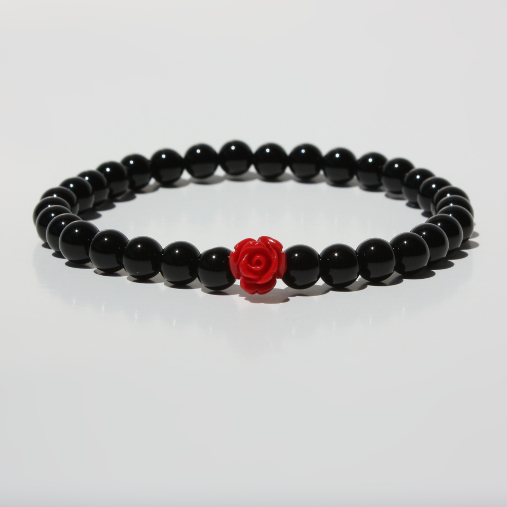 Obsidian Bracelet With Single Red Rose