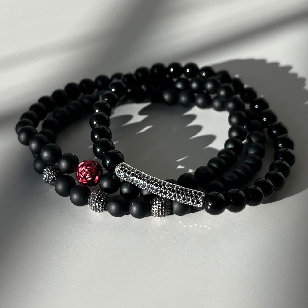 Matte Onyx Bracelet With Pink Rose