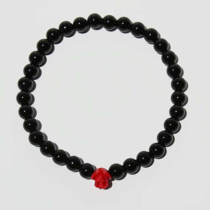 Obsidian Bracelet With Single Red Rose