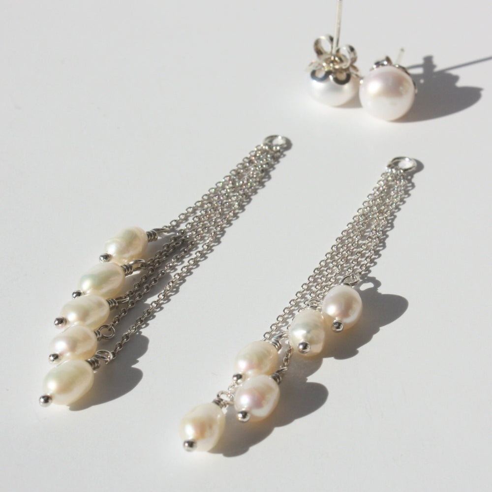 Pearl Cluster Drop Earrings Silver