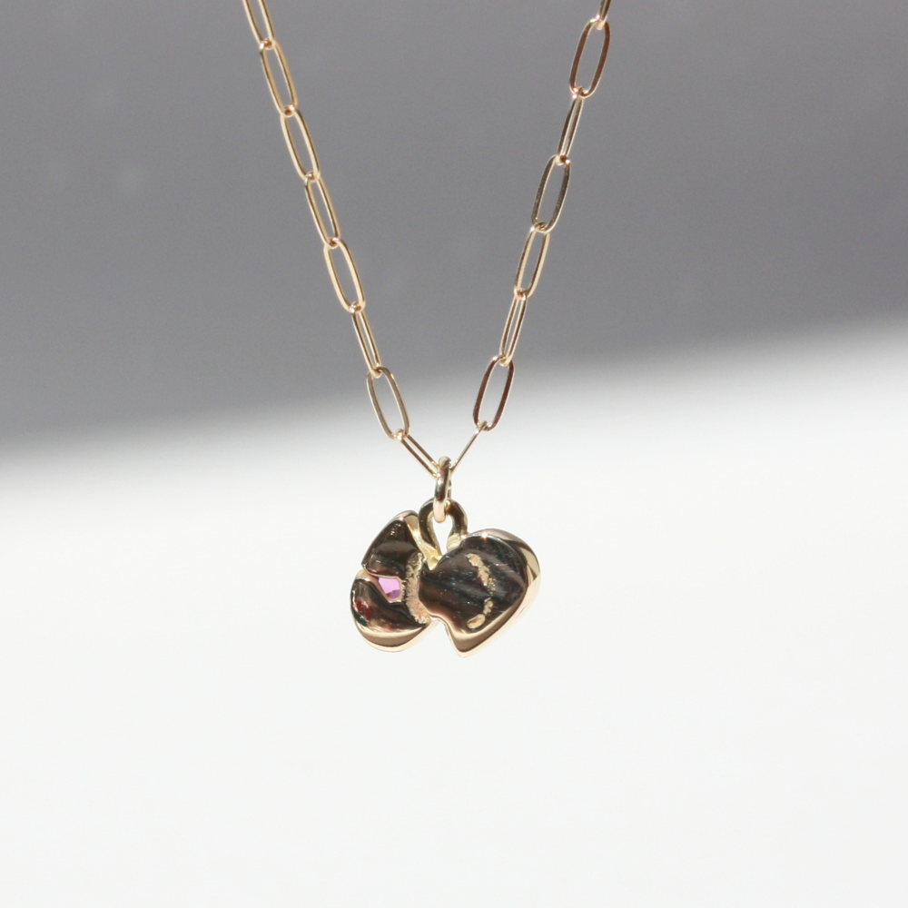 "14k gold double pear fuchsia gemstone pendant Showing Backside"