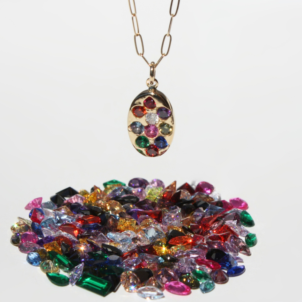 "Joyful and Co solid 14k gold oval coin rainbow gemstone pendant on a 14k gold paperclip chain."
