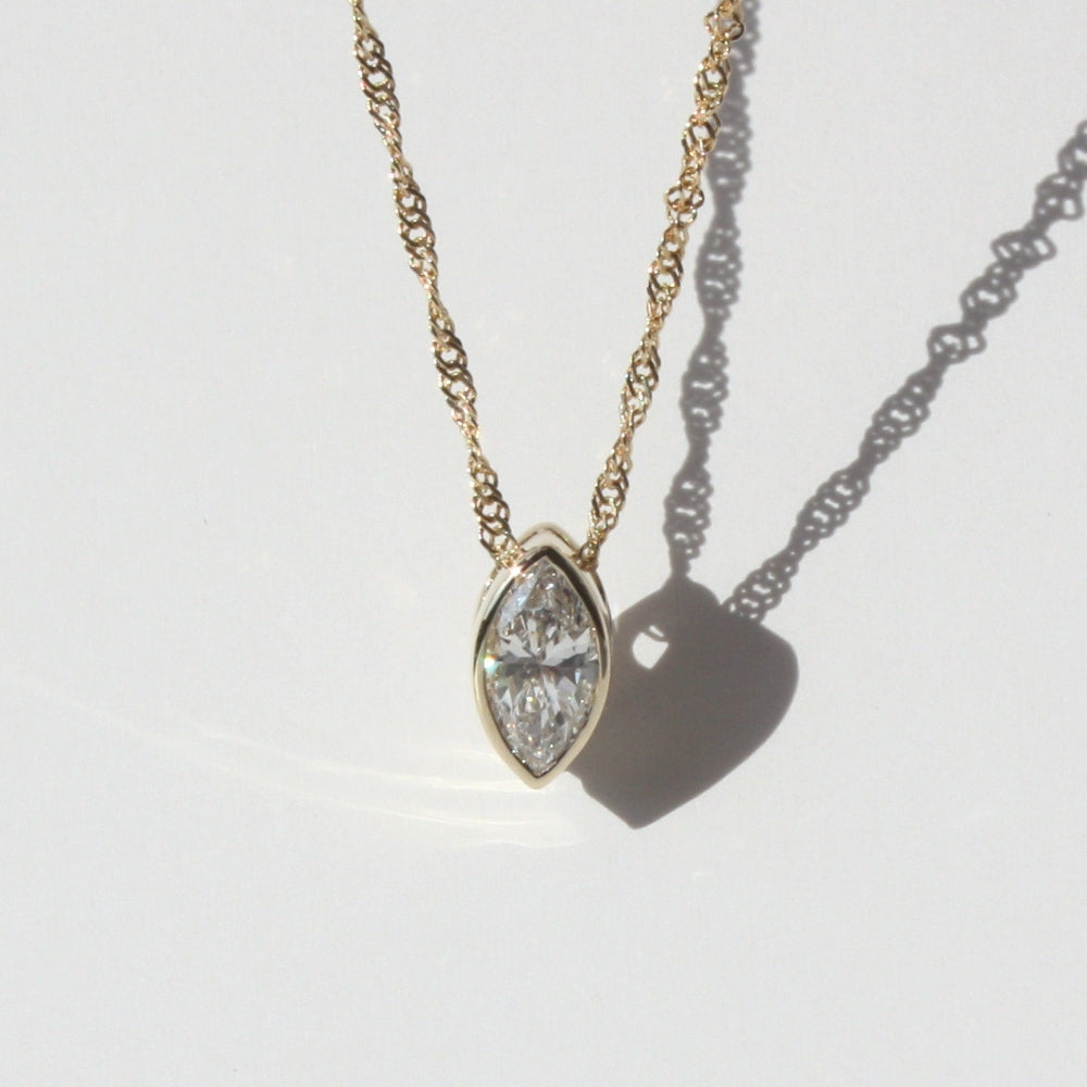 14K Gold Marquise Diamond Necklace - Lab-Grown Diamond Bezel On Singapore Chain
