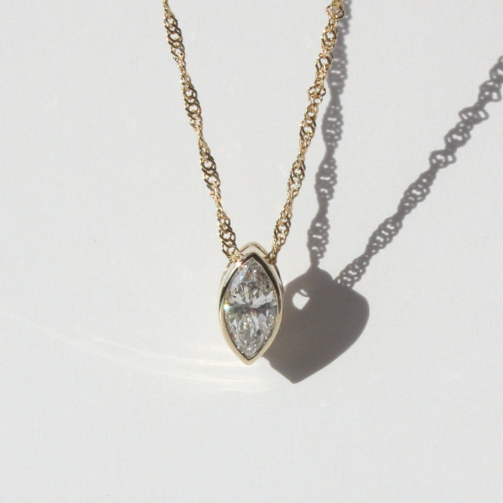 14K Gold Marquise Diamond Necklace - Lab-Grown Diamond Bezel On Singapore Chain