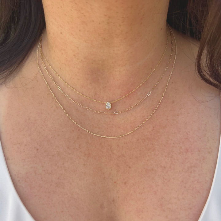 14K Gold Pear Diamond Necklace - Bezel Certified Solitaire on Singapore Chain