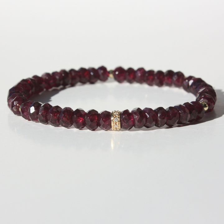 14k Gold Diamond Rondelle Garnet Bracelet - Diamond Rondelle 6mm Faceted Gemstones