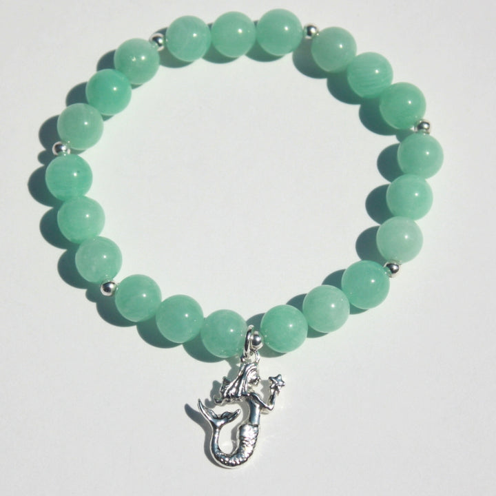 Amazonite Mermaid Charm Stretch Bracelet - 8mm Natural Gemstones And Sterling Silver Accent Beads