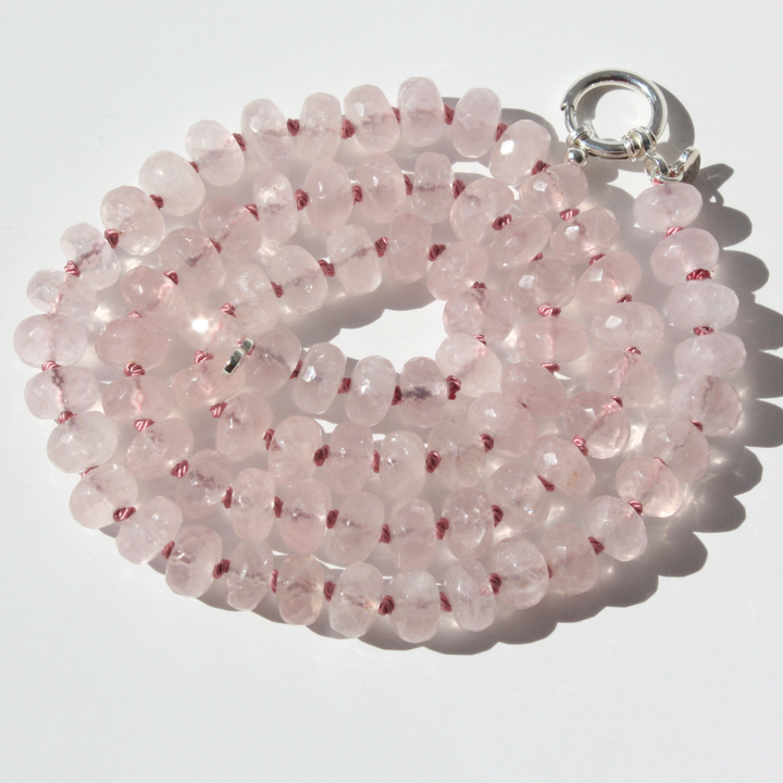 Rose Quartz Necklace - 8mm Faceted Rondelle, Hand-Knotted Silk