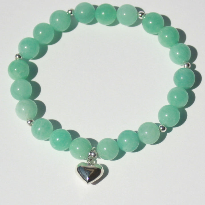 Amazonite Bracelet - Stretch 8mm Natural Gemstones with Sterling Silver Heart And Accent Beads