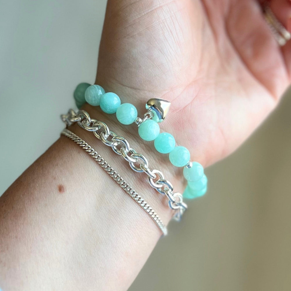 Amazonite Bracelet - Stretch 8mm Natural Gemstones with Sterling Silver Heart And Accent Beads