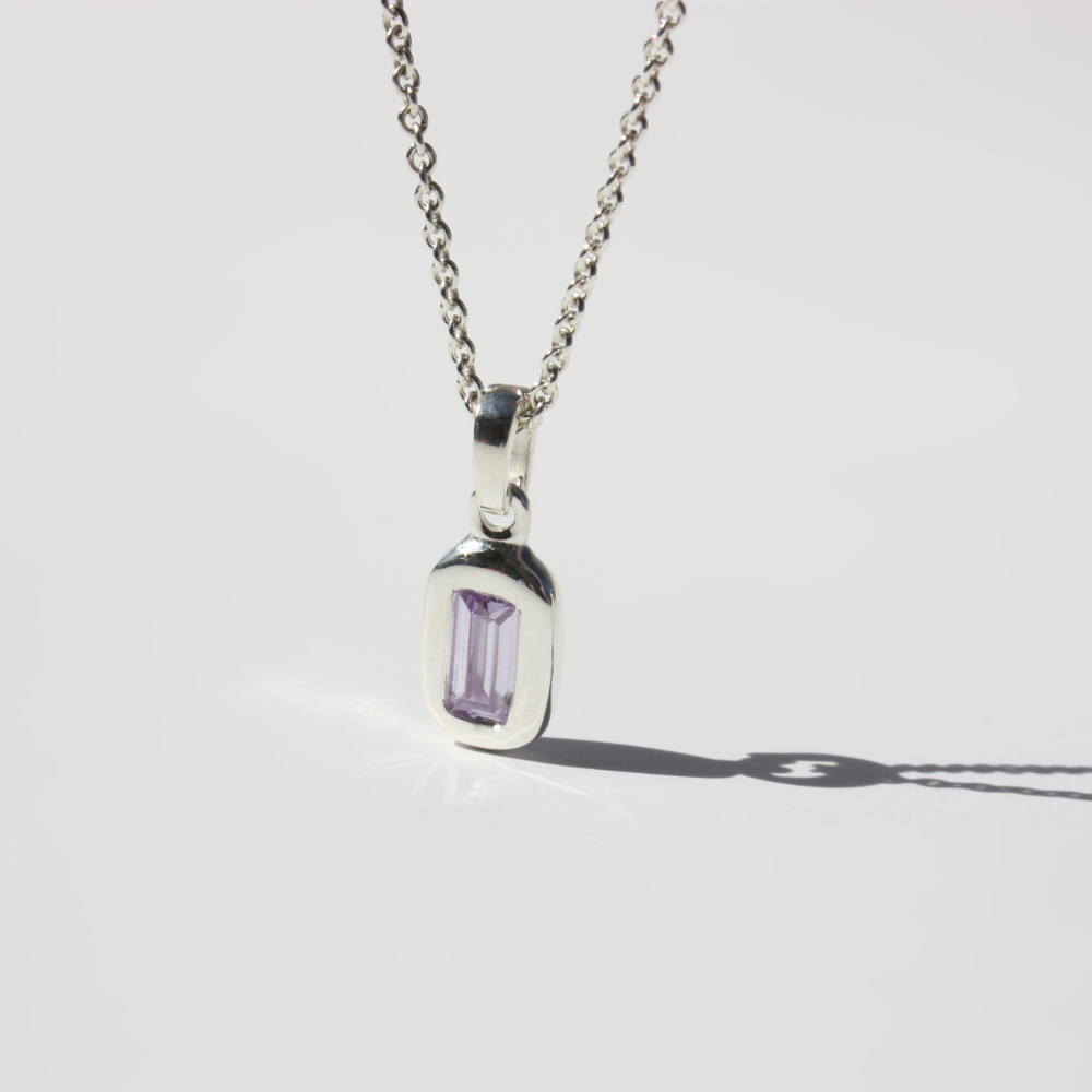 Fine Silver Baguette Pendant Necklace - Lab-Grown Pink or Lavender Sterling Silver Cable or Curb Chain