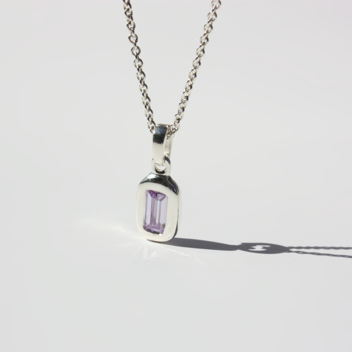 Fine Silver Baguette Pendant Necklace - Lab-Grown Pink or Lavender Sterling Silver Cable or Curb Chain