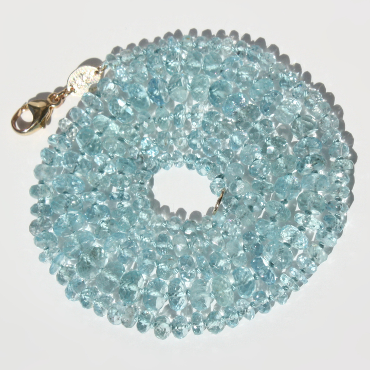 Faceted Aquamarine Hand-Knotted Silk Necklace - Luminous Pale Blue Gemstone Strand