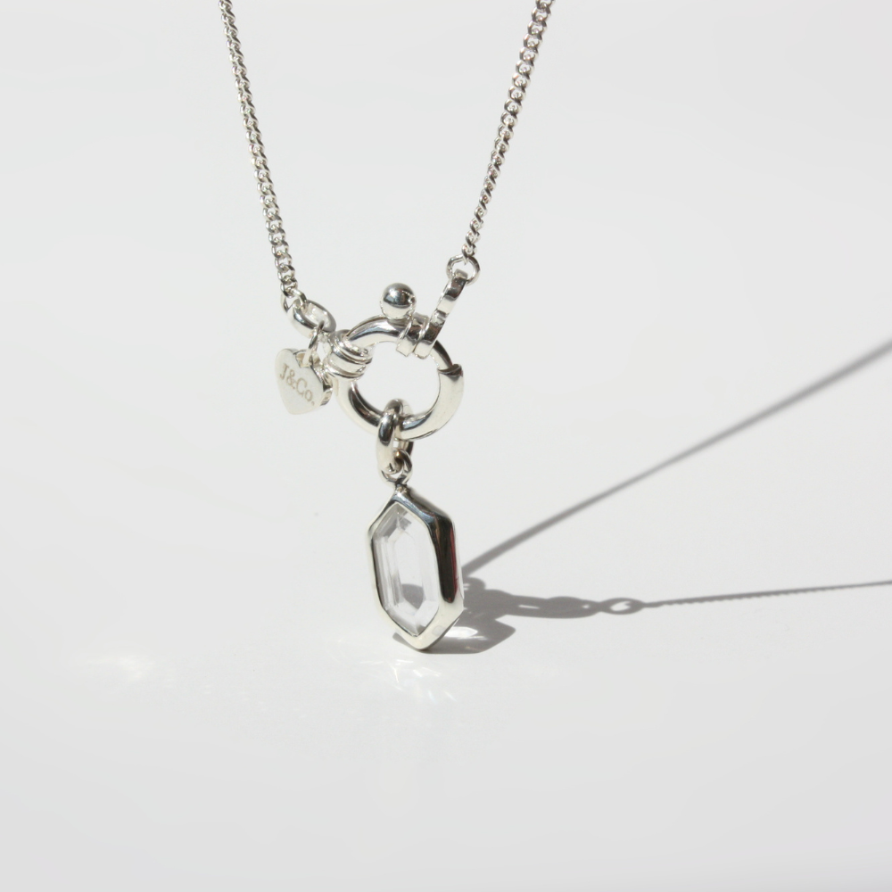 Hexagonal Clear Quartz Necklace - Modular Sterling Silver Spring Clasp on Curb Chain