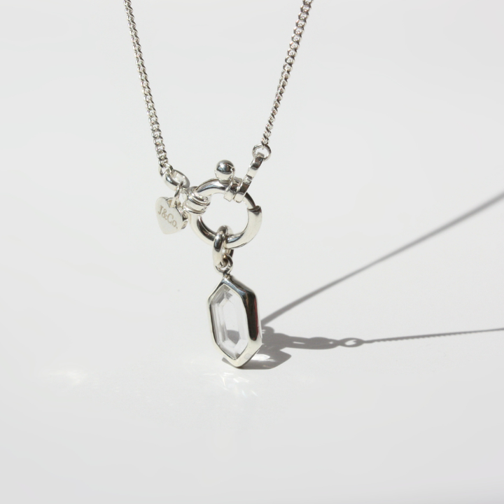 Hexagonal Clear Quartz Necklace - Modular Sterling Silver Spring Clasp on Curb Chain