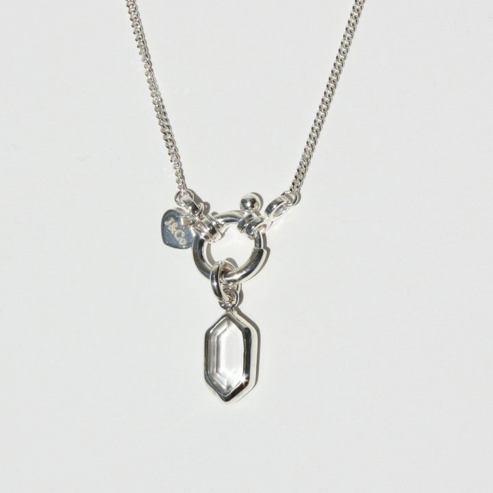 Hexagonal Clear Quartz Necklace - Modular Sterling Silver Spring Clasp on Curb Chain