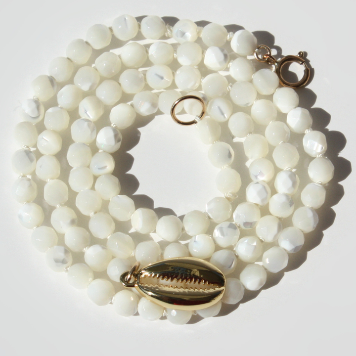 Mother of Pearl Necklace - 4mm Faceted Gemstones with Gold Filled Cowrie Shell Hand-Knotted Silk