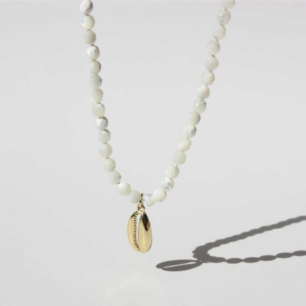 Mother of Pearl Necklace - 4mm Faceted Gemstones with Gold Filled Cowrie Shell Hand-Knotted Silk