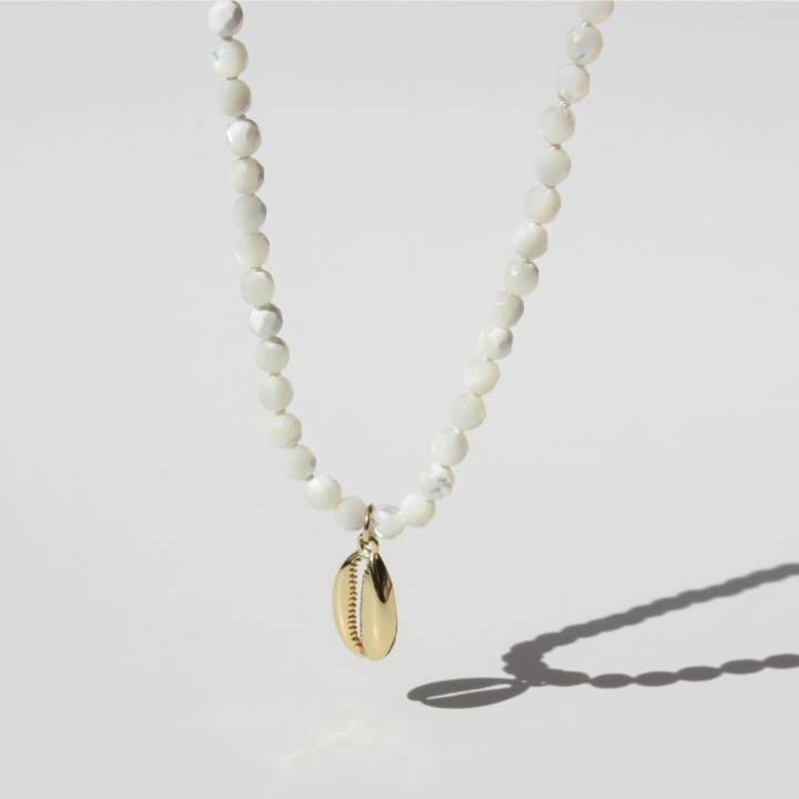 Mother of Pearl Necklace - 4mm Faceted Gemstones with Gold Filled Cowrie Shell Hand-Knotted Silk