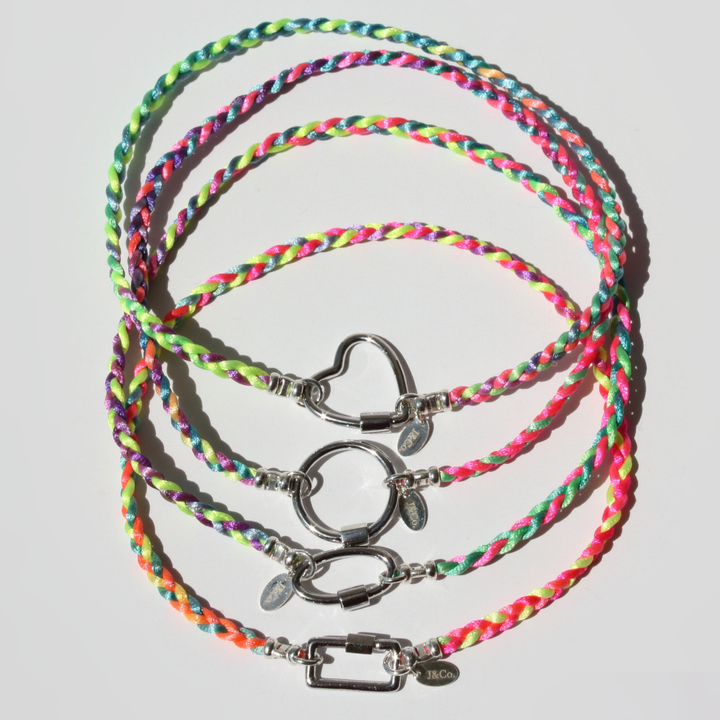 Neon Braided Ankle Bracelet - Sterling Silver Carabiner Clasp, Hand-Braided Satin Cord