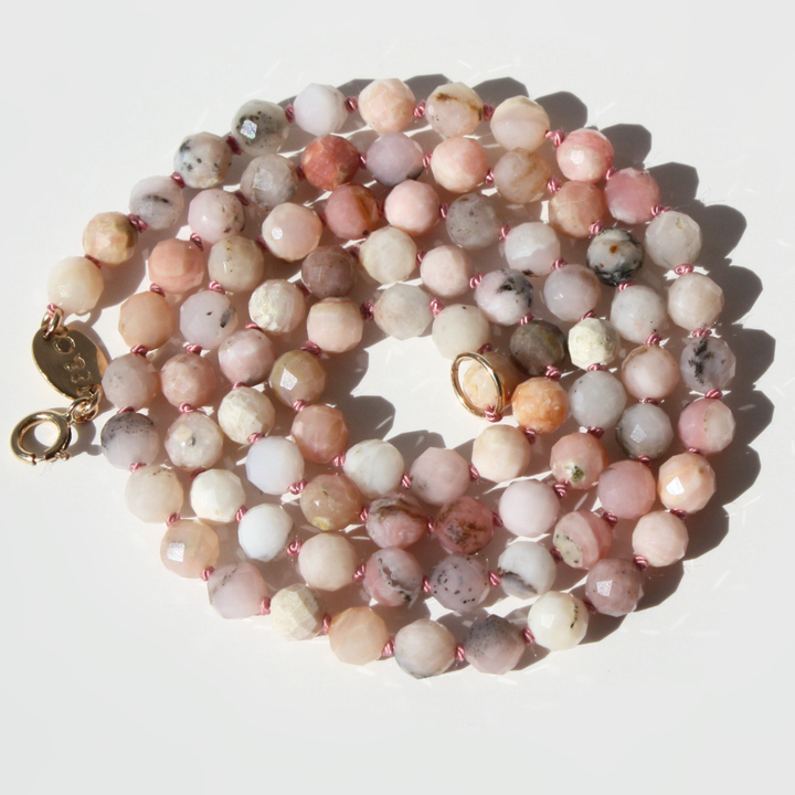 Pink Opal Necklace - 4mm Faceted Gemstones Hand-Knotted Silk in Sterling Silver or Gold Filled