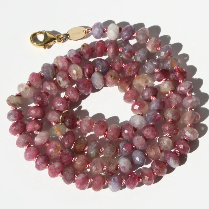 Pink Tourmaline and Purple Lepidolite Necklace - 6mm Faceted Rondelle, Hand-Knotted Silk