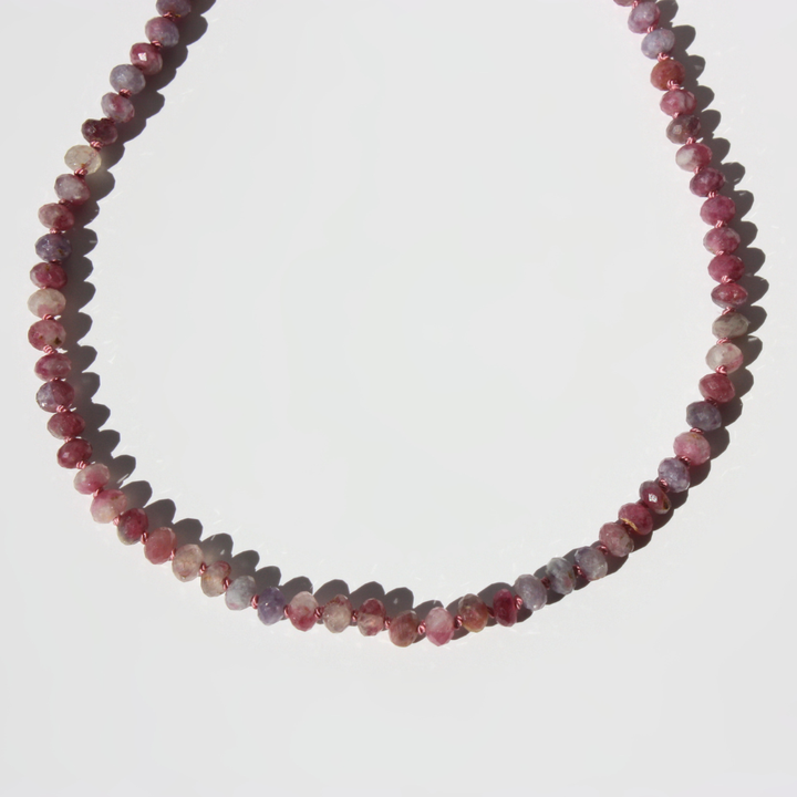 Pink Tourmaline and Purple Lepidolite Necklace - 6mm Faceted Rondelle, Hand-Knotted Silk