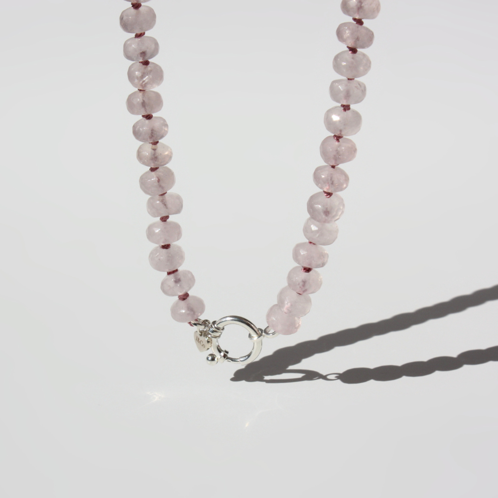 Rose Quartz Necklace - 8mm Faceted Rondelle, Hand-Knotted Silk