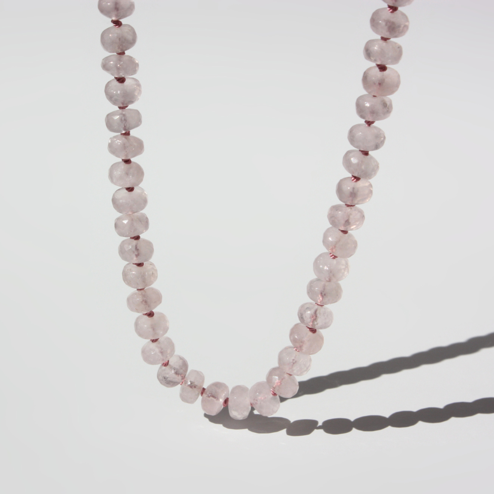 Rose Quartz Necklace - 8mm Faceted Rondelle, Hand-Knotted Silk