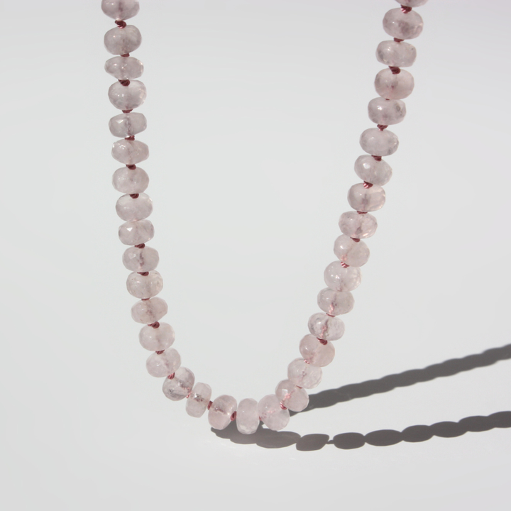 Rose Quartz Necklace - 8mm Faceted Rondelle, Hand-Knotted Silk
