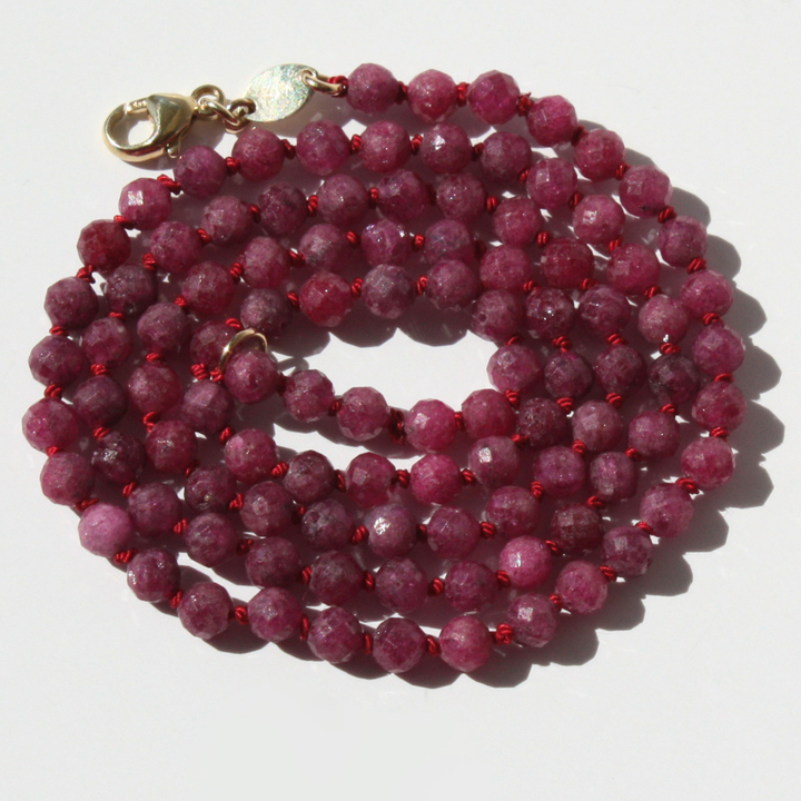 Ruby Necklace - 4mm Faceted Purple-Red Gems with Solid 14K Gold