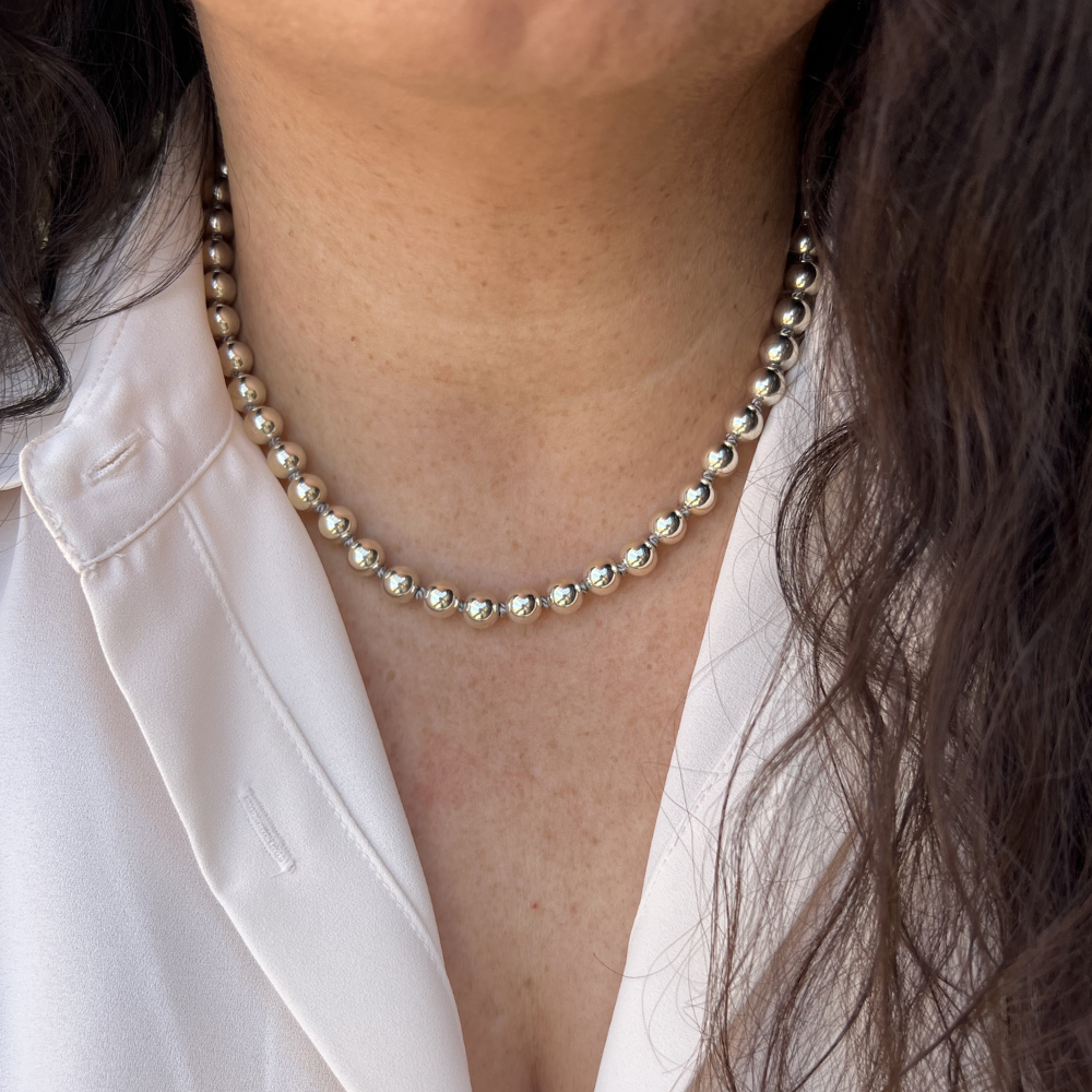 Sterling Silver Silk-Knotted Beaded Necklace — Handcrafted Elegance