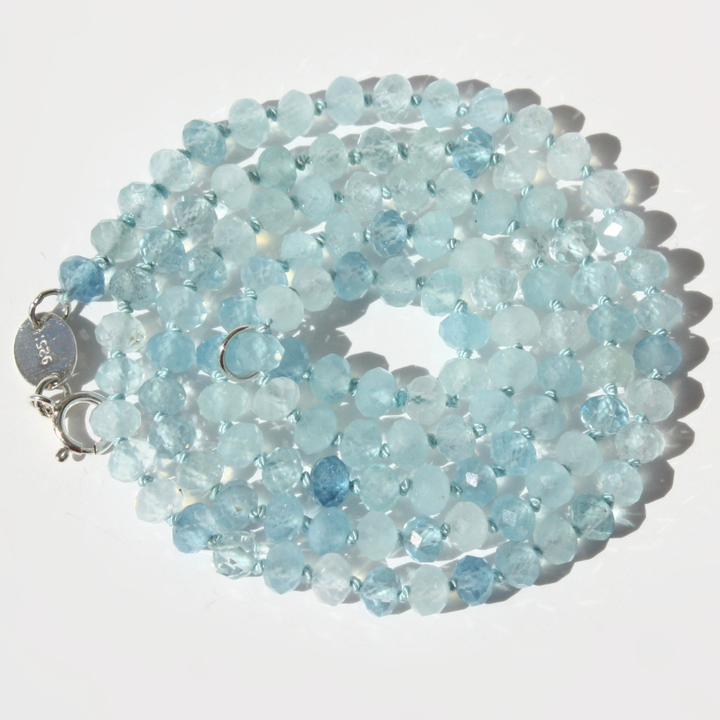 Translucent Aquamarine Rondelle Necklace - Hand-Knotted Silk with Sterling Silver Clasp