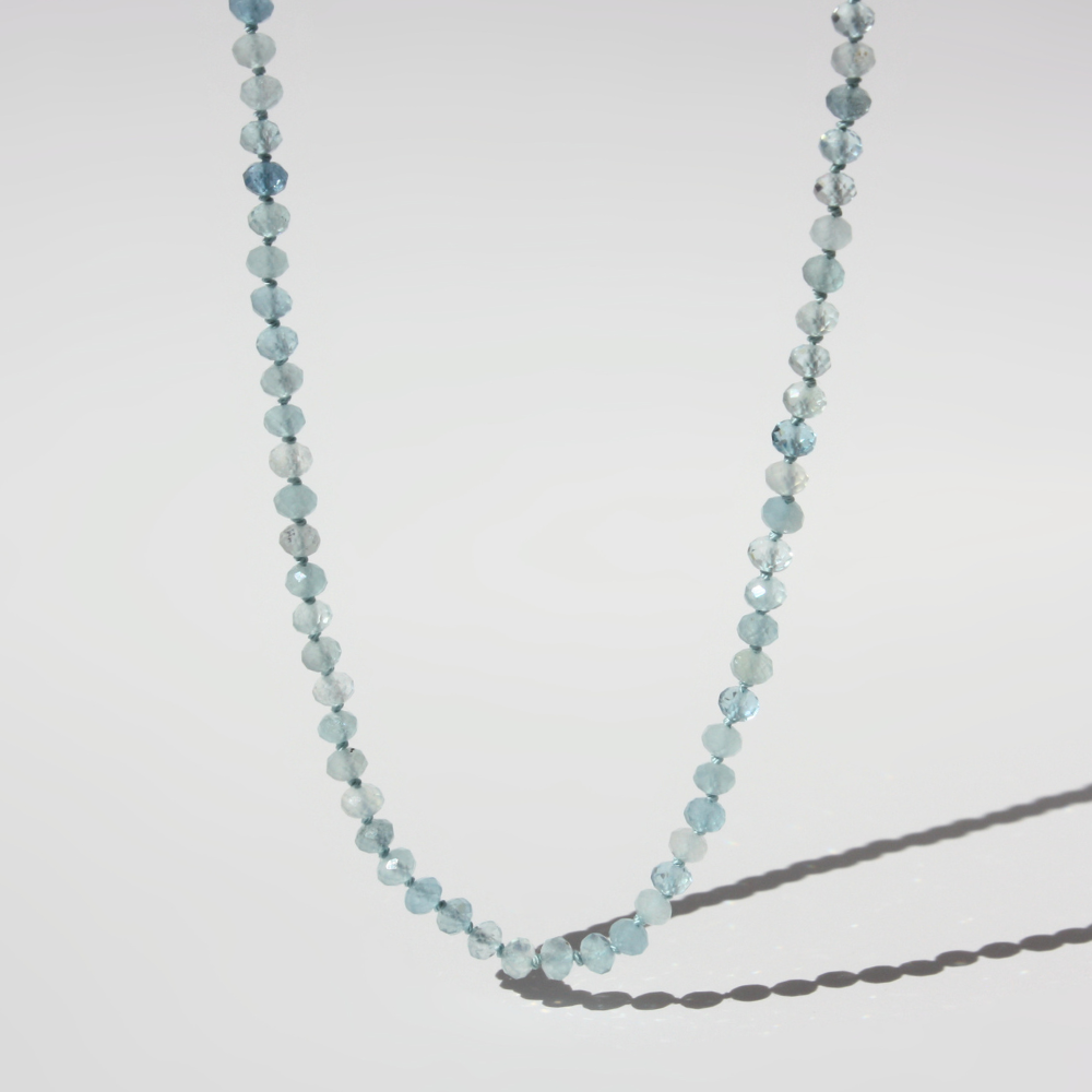 Translucent Aquamarine Rondelle Necklace - Hand-Knotted Silk with Sterling Silver Clasp