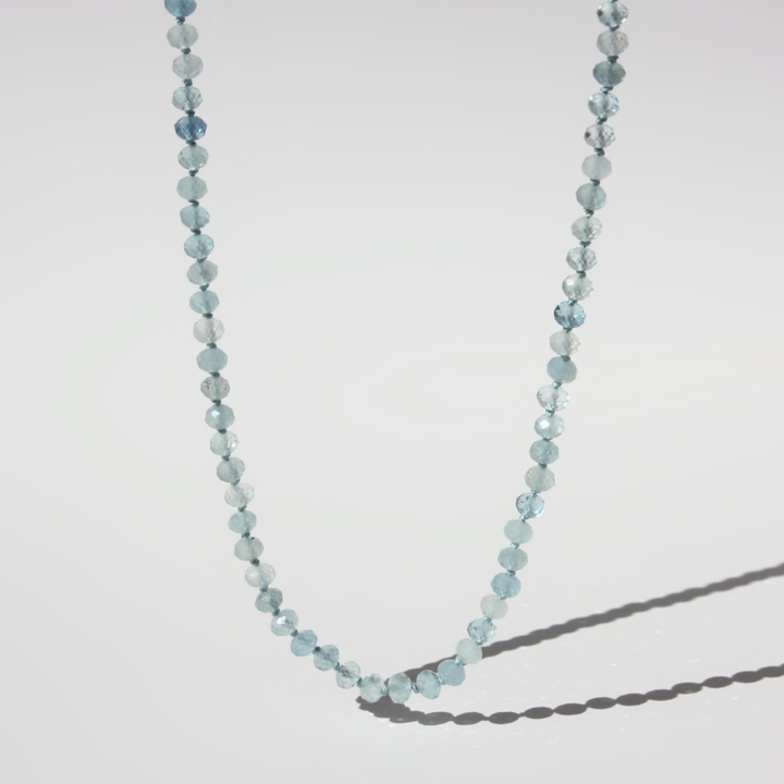 Translucent Aquamarine Rondelle Necklace - Hand-Knotted Silk with Sterling Silver Clasp