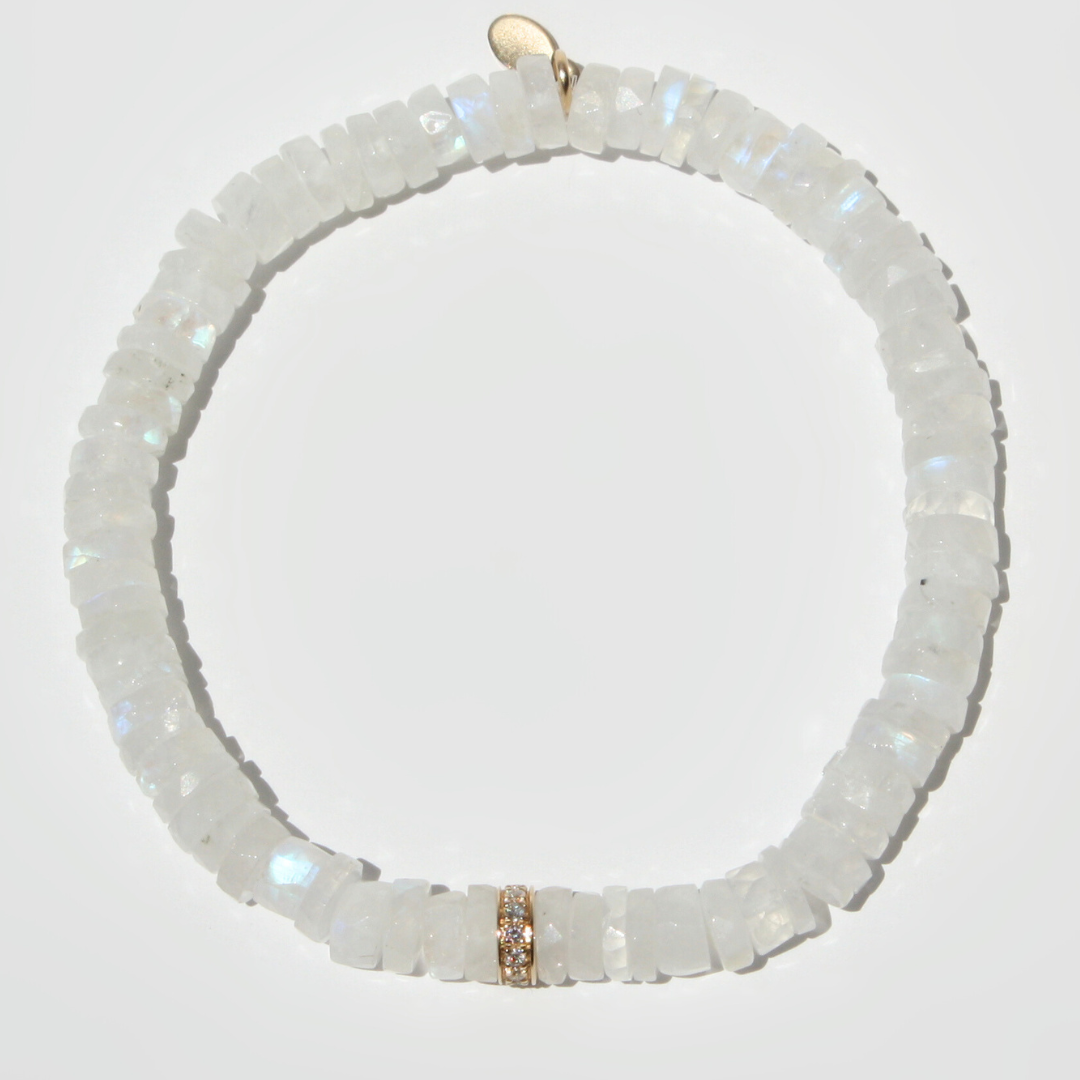 14K Gold Diamond Rondelle Moonstone Bracelet - Faceted Heishi Beads in 14K Gold or Sterling Silver