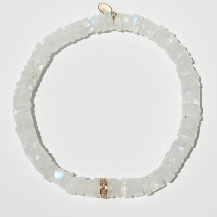 14K Gold Diamond Rondelle Moonstone Bracelet - Faceted Heishi Beads in 14K Gold or Sterling Silver