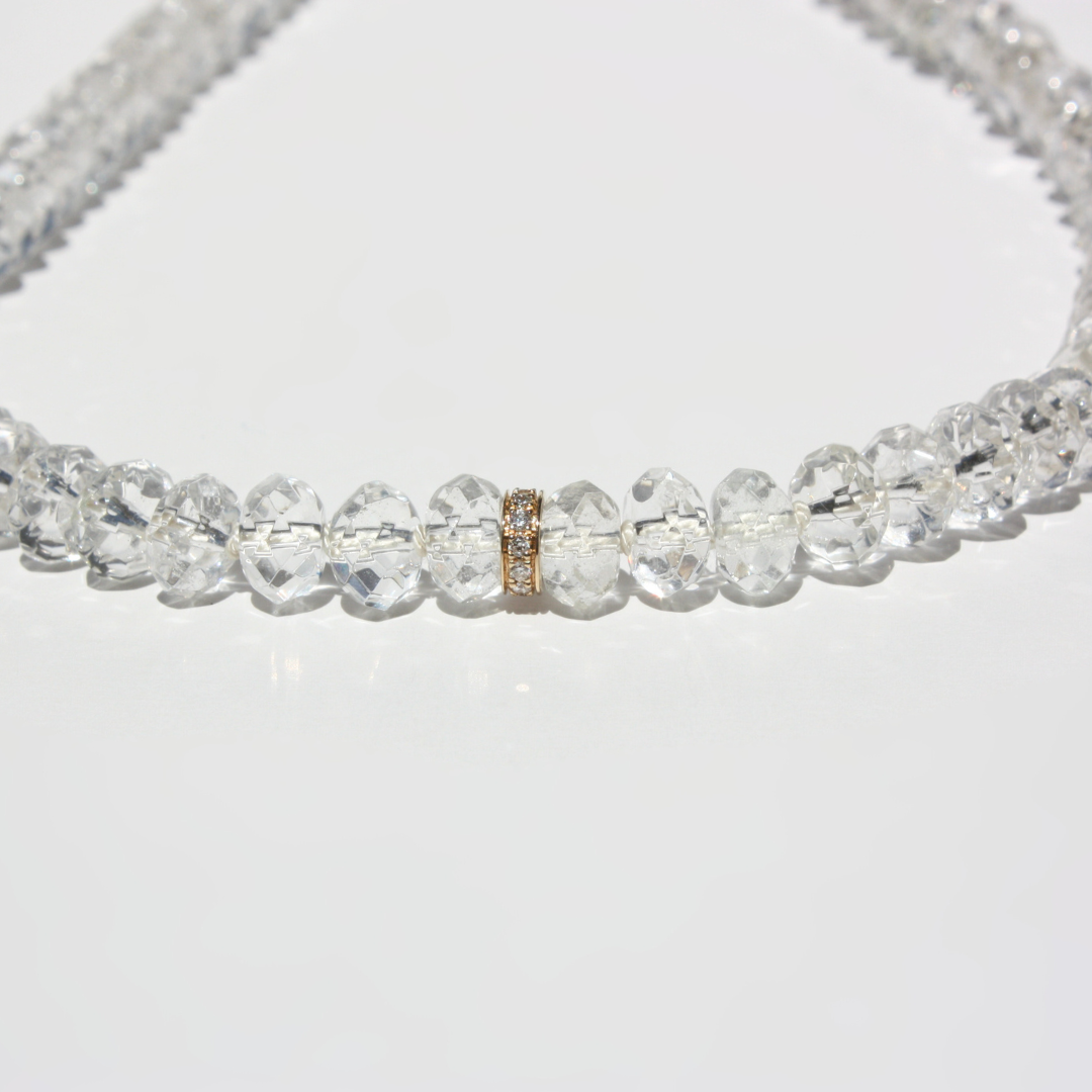 Diamond Birthstone Necklace - Natural Diamond Rondelle Faceted Clear Quartz Beads in 14K Gold or Sterling Silver