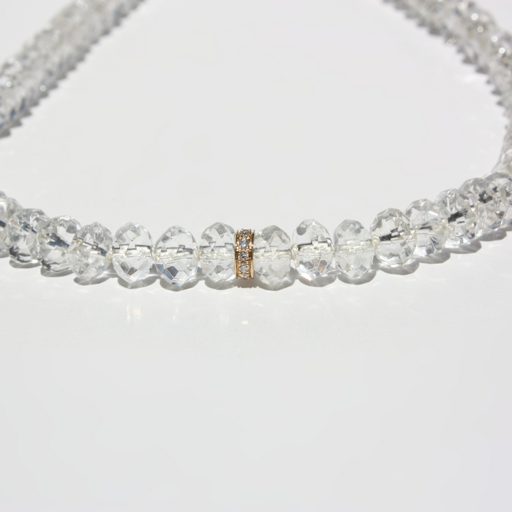 Diamond Birthstone Necklace - Natural Diamond Rondelle Faceted Clear Quartz Beads in 14K Gold or Sterling Silver